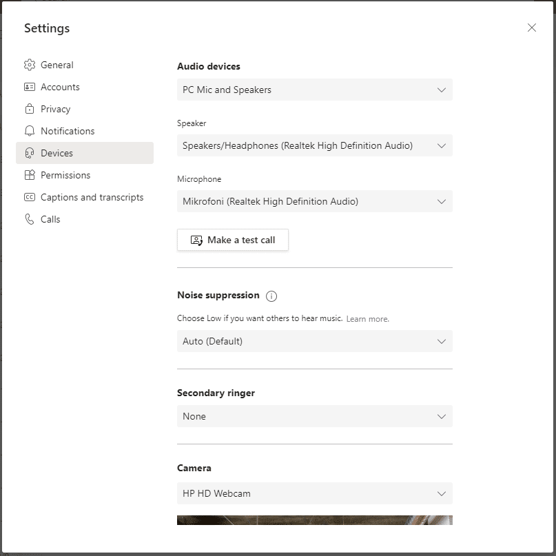 Edit Teams device settings