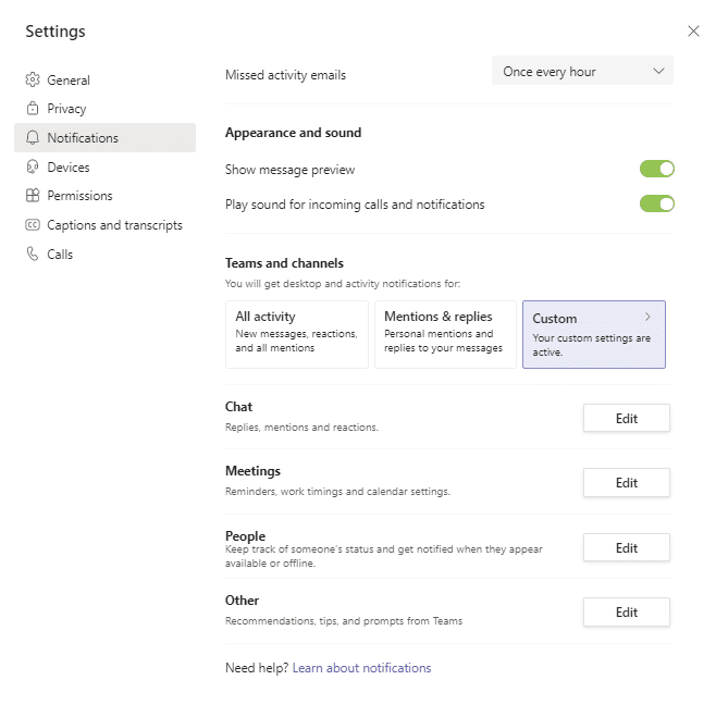 You can customize notification settings  in Teams for unanswered emails and activities in meetings, teams, channels, and conversations between people.