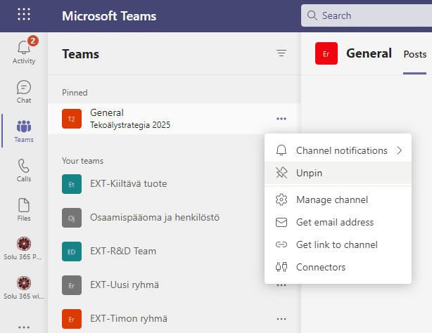 Pin the most frequently used Teams groups to the list in the Teams section