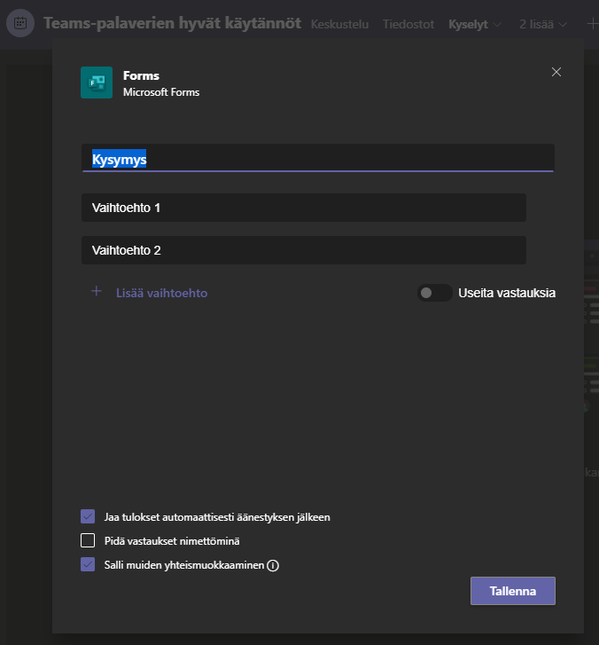 Kyselyn luonti Teamsissä