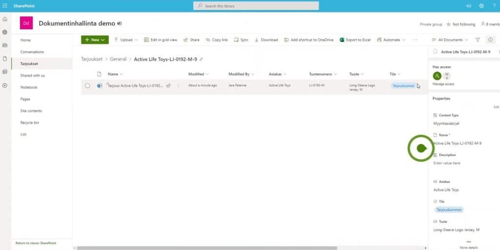 Dokumentin lisäksi SharePoint-listassa on heti näkyvissä sovelluksen automaattisesti luomat metatiedot tarjottavan tuotteen tiedoista.