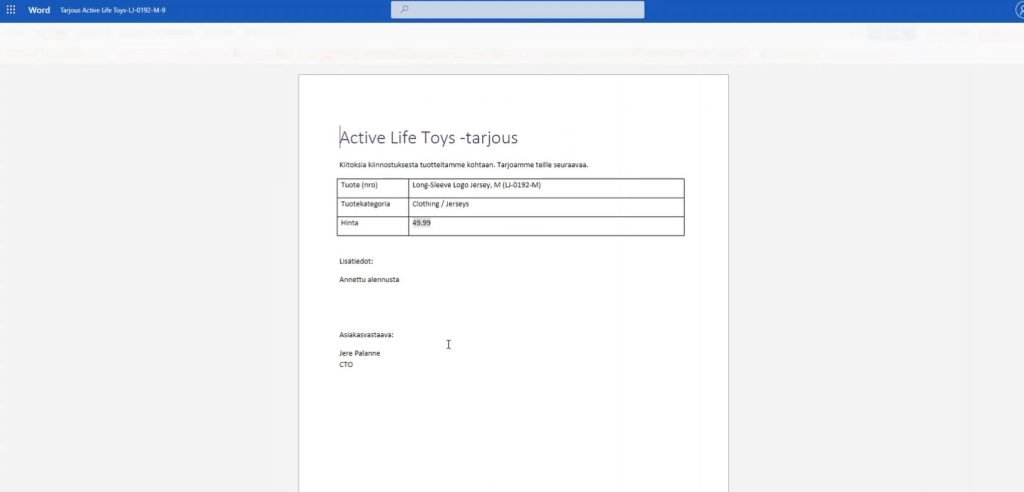 Dokumentista löytyvät kaikki käyttäjän alun perin syöttämät tiedot sekä tarjouksen tekijän nimi ja titteli.