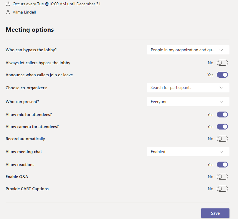 Edit Teams meeting settings