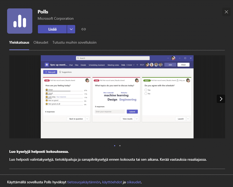 Polls-toiminnon voi asentaa Teamsiin sovellusosiossa.