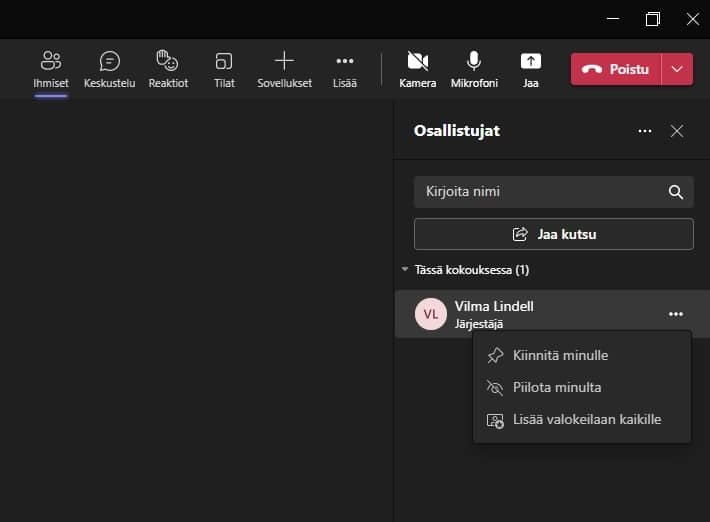 Keskitä huomio esittäjään Teamsin valokeilatoiminnolla