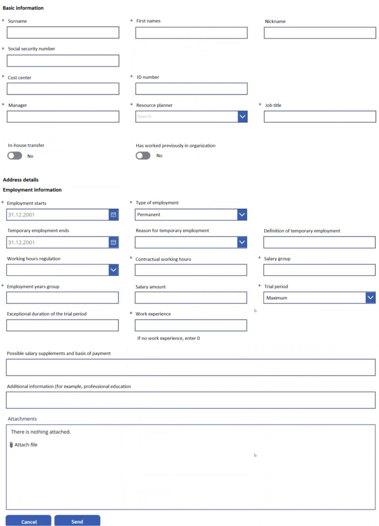 A person starting a new employment-related process fills in the required information and adds the appropriate attachments using a form created with Power Apps.