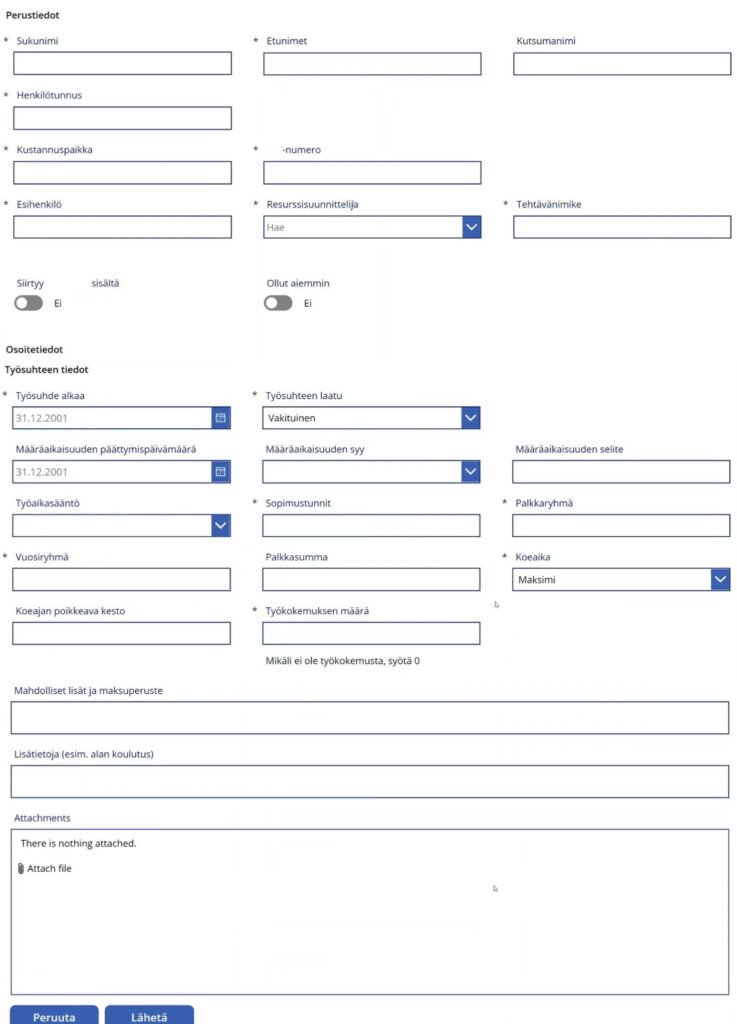 Uuden työsuhteeseen liittyvän prosessin aloittava henkilö täyttää tarvittavat tiedot ja lisää asianmukaiset liitteet Microsoft Power Appsilla luodulla lomakkeella.