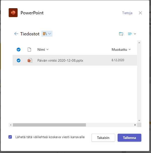Voit valita tiedoston joko omalta tietokoneelta tai jaetuista kirjastoista eli eri tiimien ja kanavien SharePoint-sivustoista.