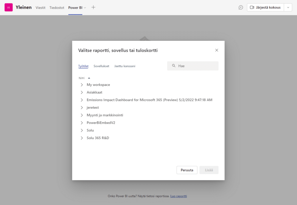 Voit myös lisätä sinulle jaettuja Power BI -resursseja Teamsiin.
