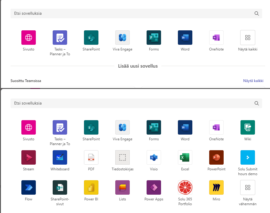 Lisää Power Apps -välilehti klikkaamalla Teams-kanavan välilehden +-kuvaketta ja valitse Power Apps.