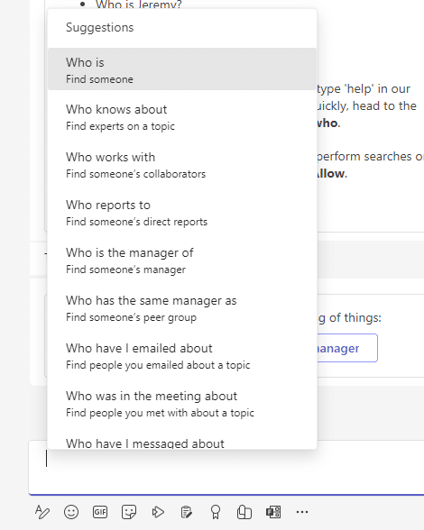 Who bot suggestions and explanations in Teams