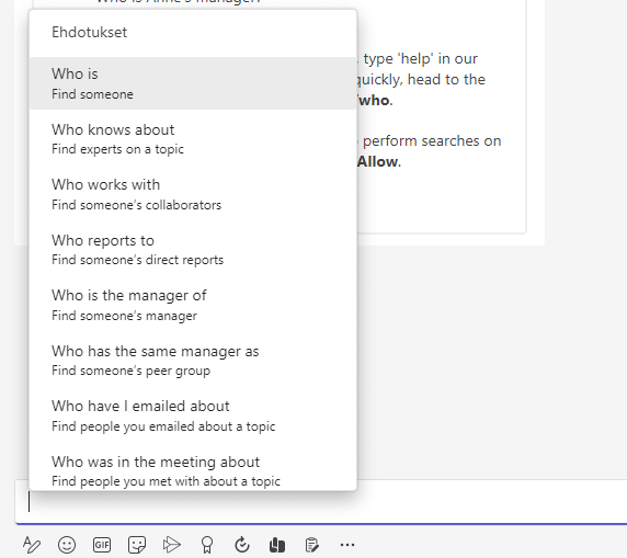 Who-botin ehdotukset ja selitykset Teamsissä