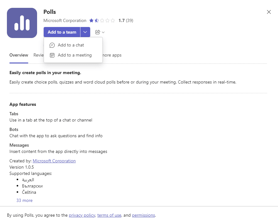 Microsoft Polls app also works conveniently as a bot in Teams
