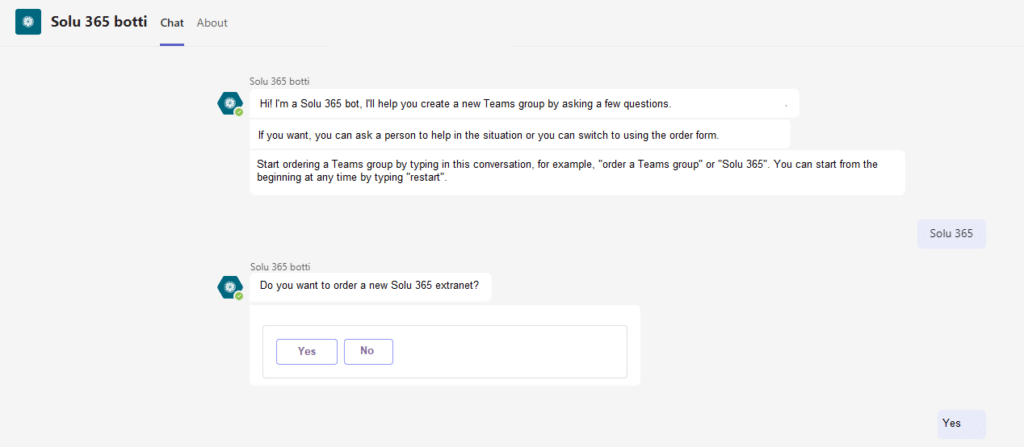 The Solu 365 bot guides the user step-by-step through the process of creating a new Teams group.