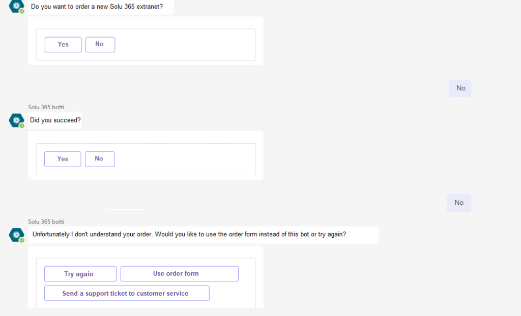 In unclear situations, Solu 365 bot gives the user other options so that a new Teams group can be created using a form or as a support request to, for example, the organization's IT department.