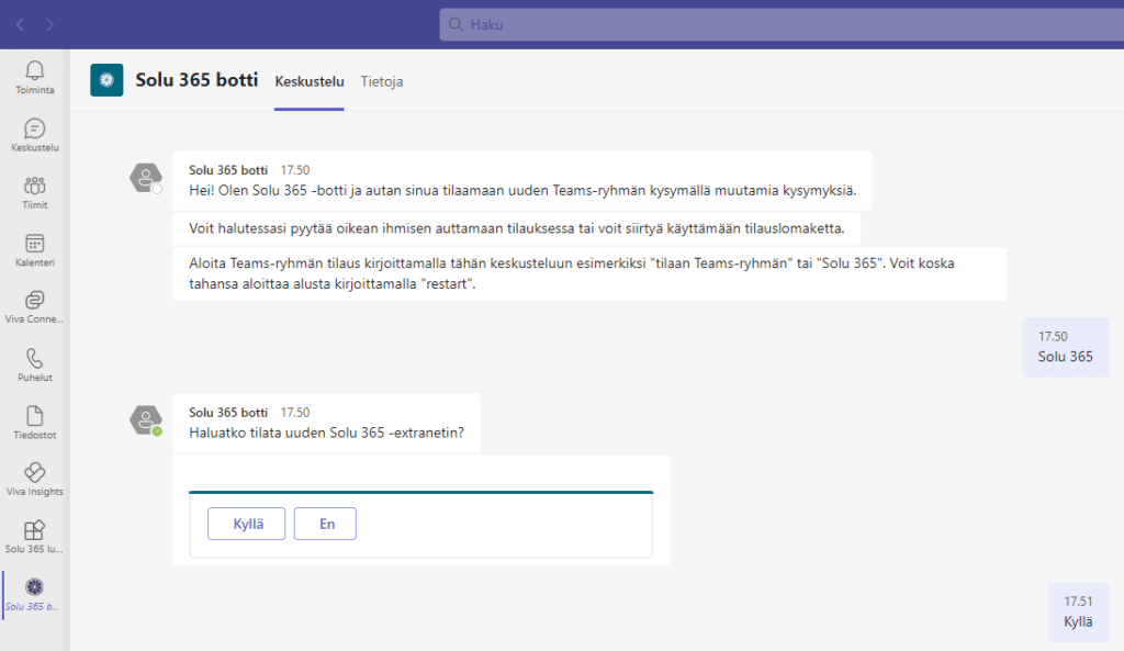 Solu 365 botti ohjeistaa käyttäjää vaihe vaiheelta uuden Teams-ryhmän luomisessa.