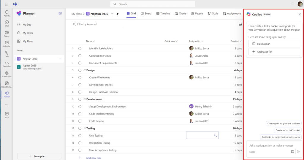 Microsoft Copilot is an AI assistant in Planner with premium features designed to support creating new plans, setting goals, monitoring project status, and responding to changes as the project progresses.