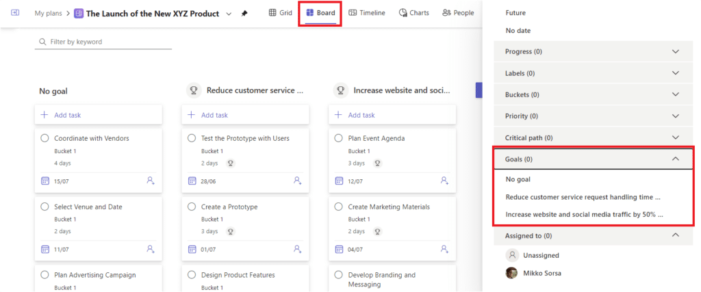In the Table view, tasks can be grouped according to goals in Planner Premium tool