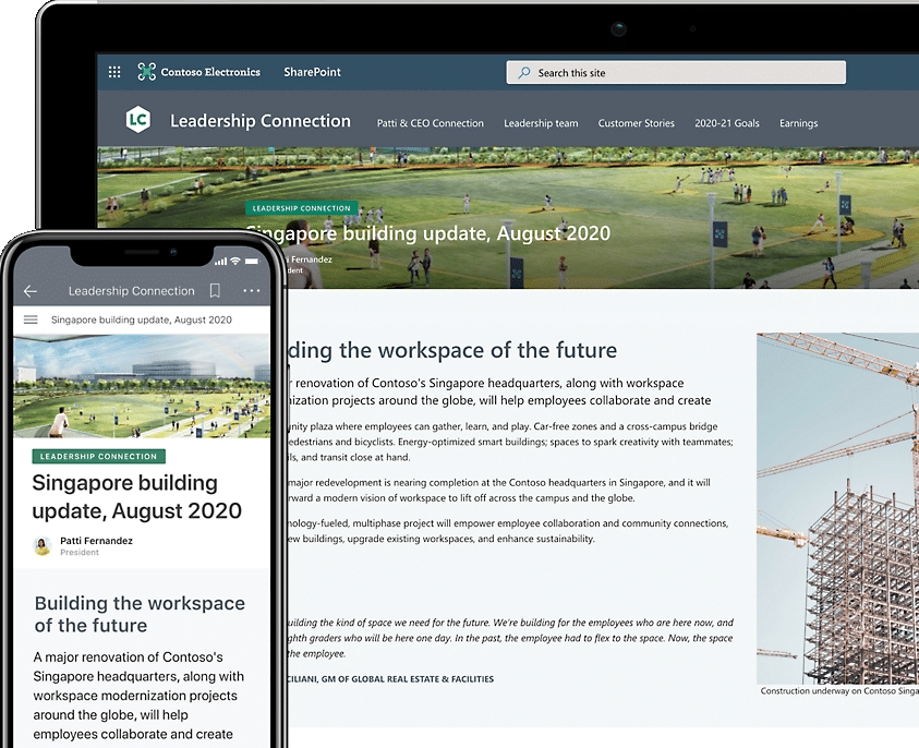 Microsoft SharePoint intranet works in the browser and mobile app
