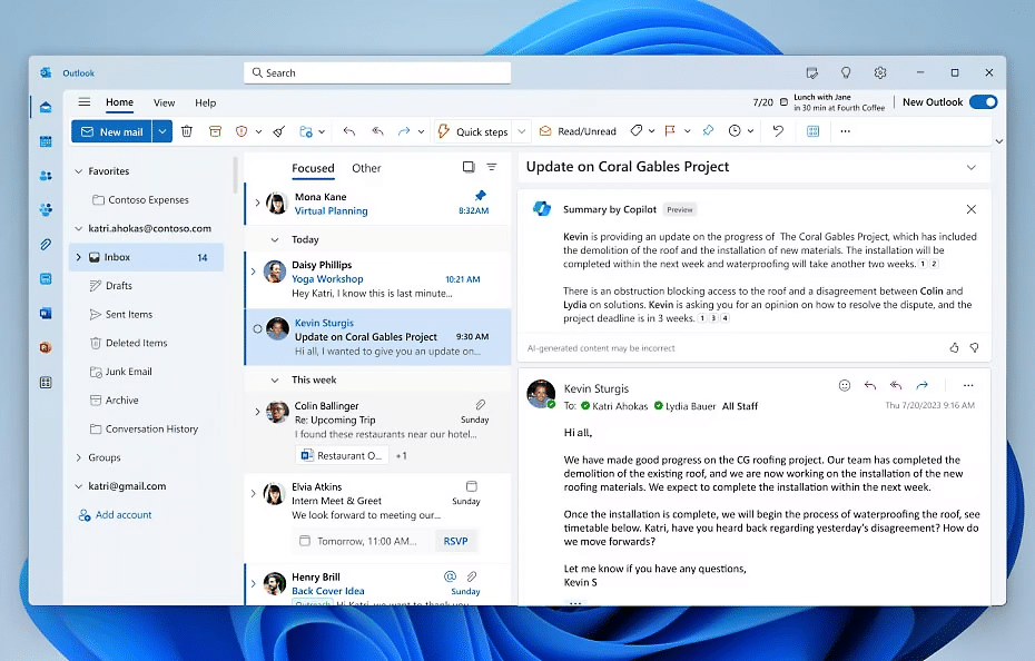 Copilotin käyttö Outlookissa tehostaa työskentelyä sähköpostien hallinnassa, tehtävien seurannassa ja kokousten suunnittelussa.