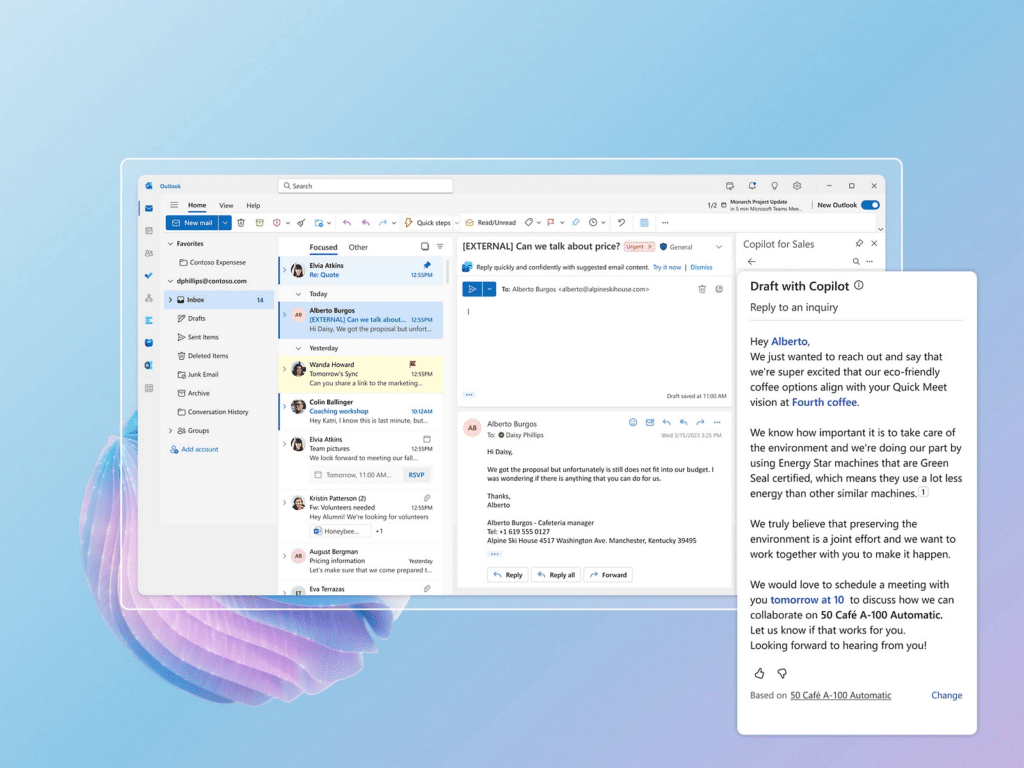 Microsoft Copilot for Sales tekoälyavustaja auttaa luonnostelemaan sähköposteja | Microsoft Copilot for Sales AI assistant helps draft emails