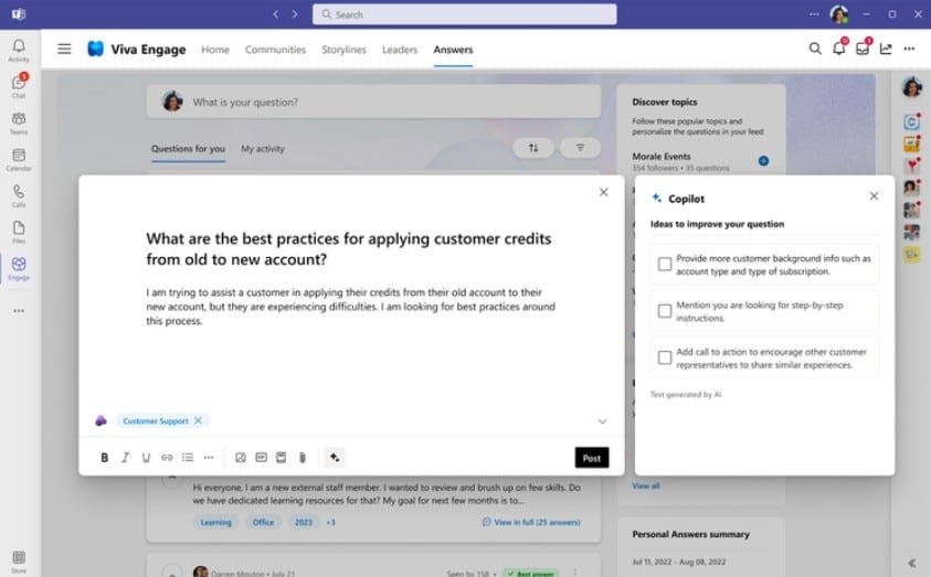 Copilot AI assistant in Microsoft Viva provides personalized recommendations and insights.