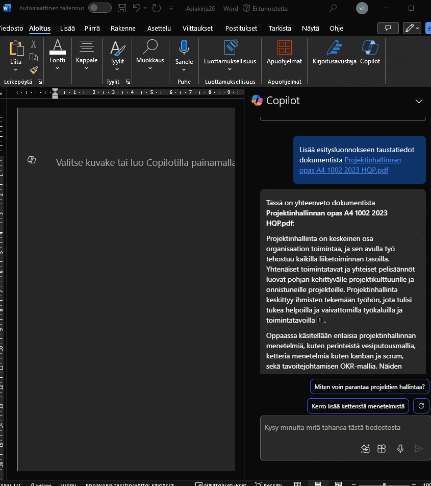 Copilot Wordissä viittaa sisältöön ja integroi laajempiin asiakirjoihin.
