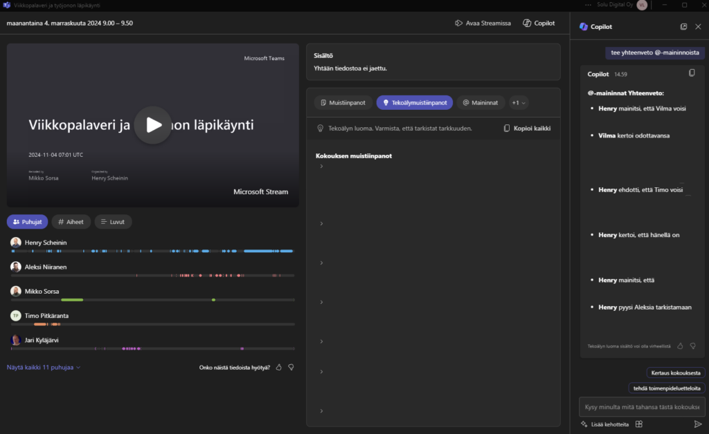 Copilotin käyttö Teamsissä kokousten tiivistämiseen