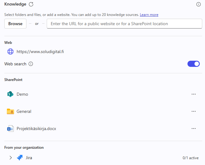 Microsoft 365 Copilot -agentin tietolähteiksi sopii nettisivut tai SharePoint-tietolähteet.
