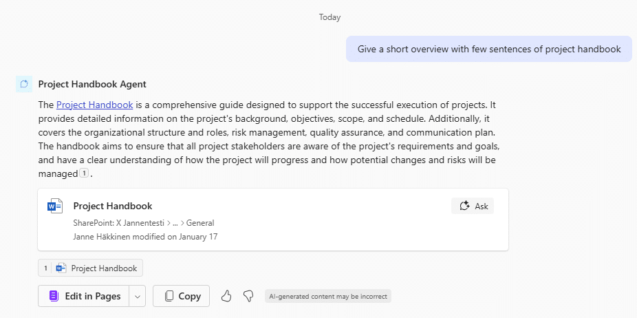 Testing of  the Microsoft 365 Copilot agent's functionality