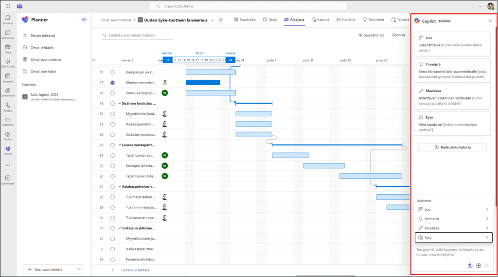 Copilot-avustaja Microsoft Planner Premium-suunnitelmissa