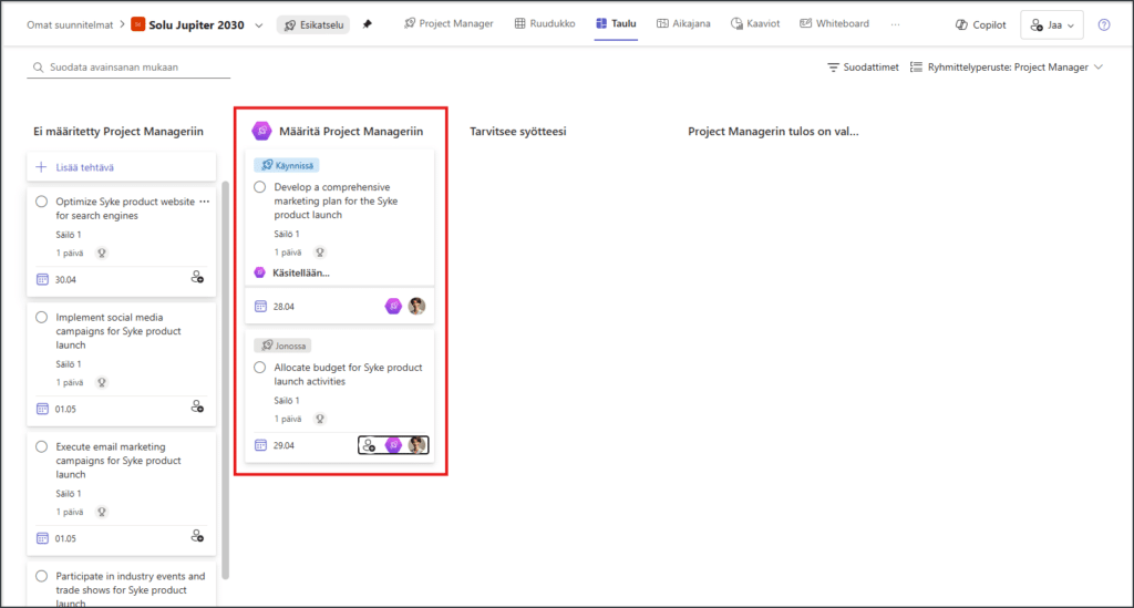 Project Manager Agent luo automaattisesti konkreettisia toimenpiteitä tehtävälaatikoihin