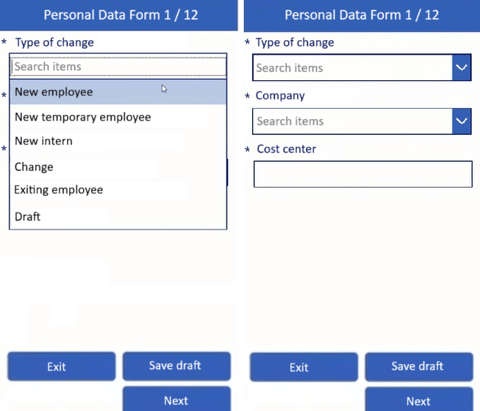Power Apps form data is stored in SharePoint and Power Automate sends purchase requests to the responsible parties.