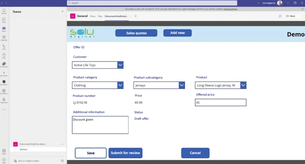 Quotation and contract document automation with Power Apps in the Teams UI