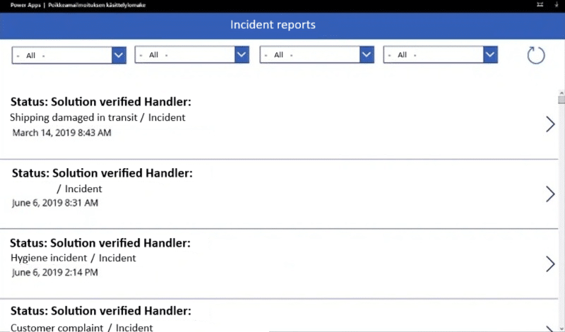 Incident report handling view in Power Apps