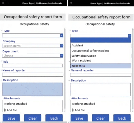 Occupational safety notification form in Power Apps