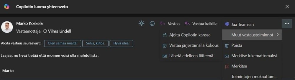 Valitse "Ajoita Copilotin kanssa" -toiminto luodaksesi sähköpostiketjusta kokouskutsun.
