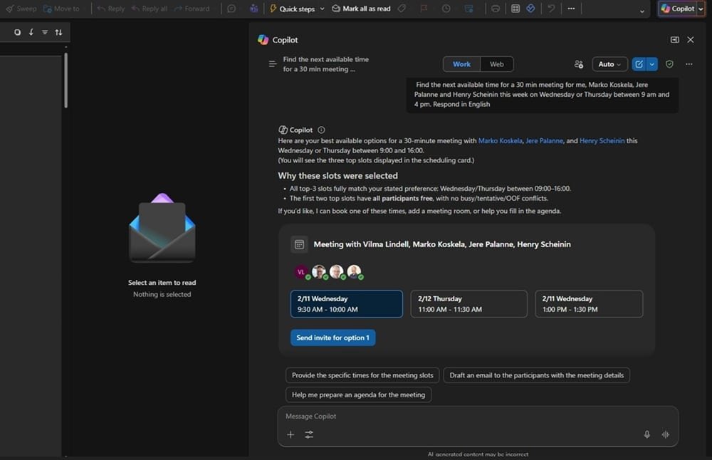 Copilot allows you to automatically send meeting requests.